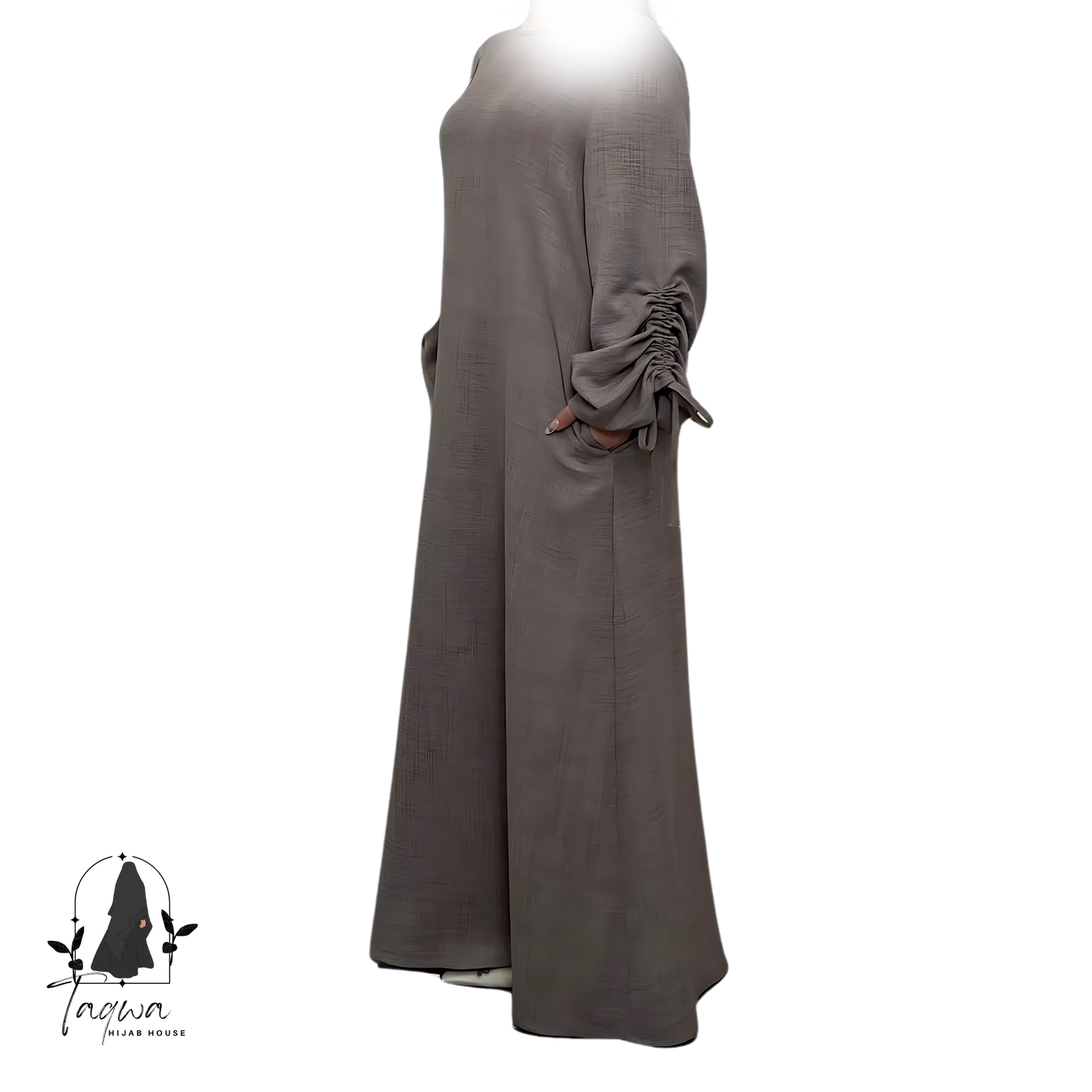 Crepe Linen Textured Ruched Long Sleeves Tie Shirred Slip Abaya Dress