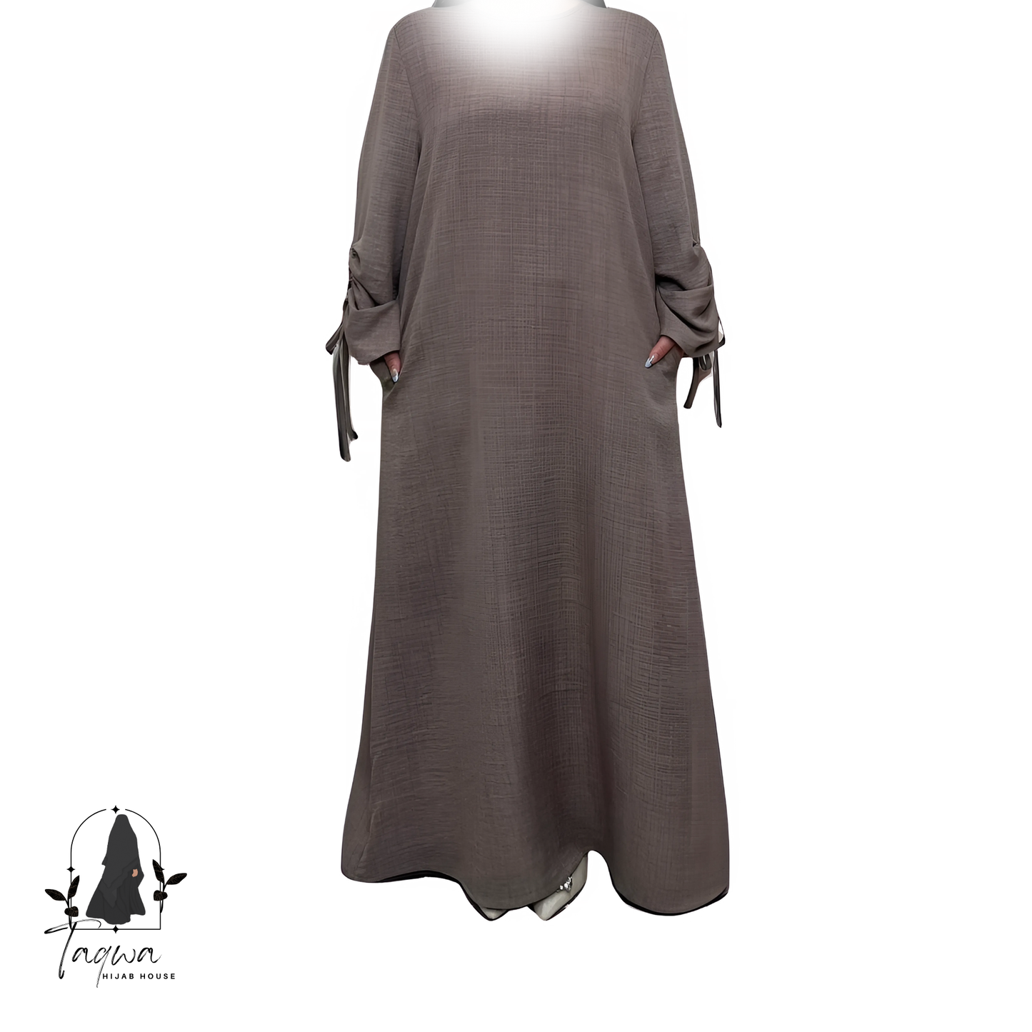 Crepe Linen Textured Ruched Long Sleeves Tie Shirred Slip Abaya Dress