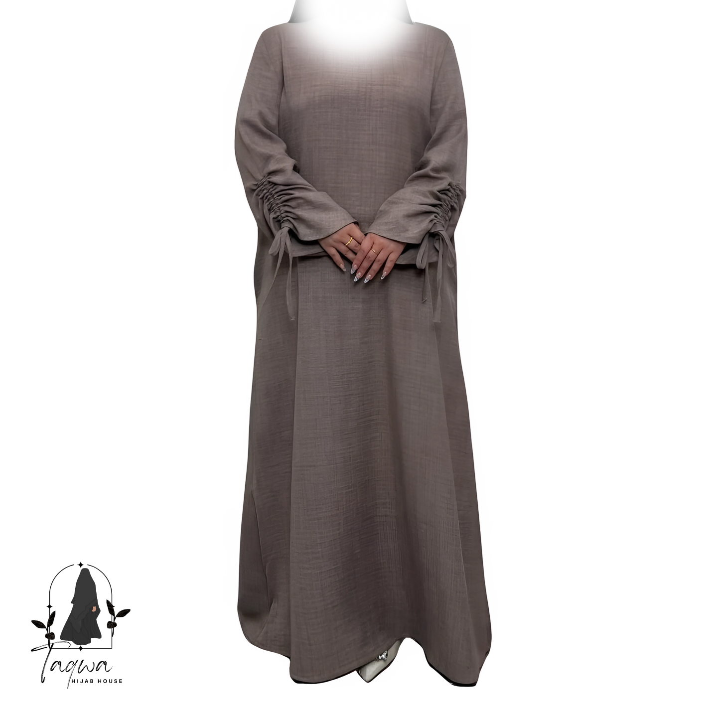 Crepe Linen Textured Ruched Long Sleeves Tie Shirred Slip Abaya Dress